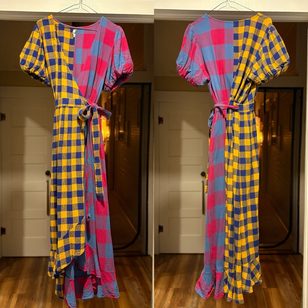 Urban Outfitters Anna Linen Mixed Plaid Midi Wrap Dress - Picture 4 of 5